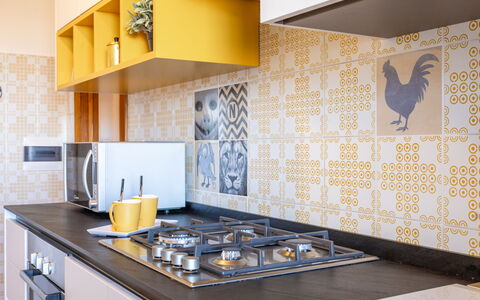 Corso 109: Kitchen, Tile, Cabinetry, Design, Paint, Countertop, Wallpaper