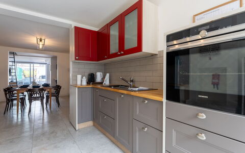 Villa Stil Genot with Terrace: Kitchen, Countertop, Kitchen Appliance, Cabinetry, Flooring, Major Appliance, Interior Design, Wood, Furniture, Floor
