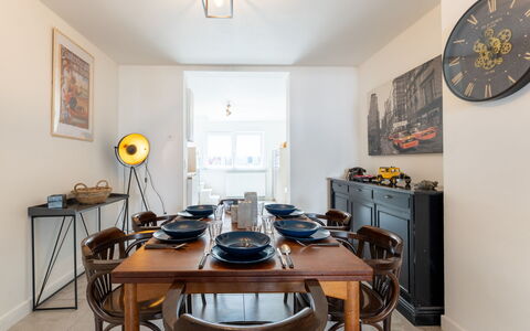 Villa Stil Genot with Terrace: Furniture, Interior Design, Wall, Wood, Table, Flooring, Ceiling, Light Fixture, Dining Room, Kitchen & Dining Room Table