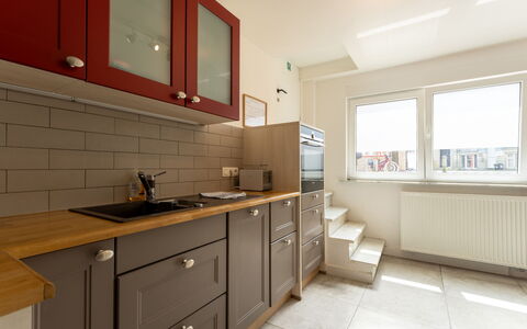 Villa Stil Genot with Terrace: Kitchen, Kitchen Appliance, Countertop, Cabinetry, Major Appliance, Flooring, Interior Design, Wall, Wood, Ceiling