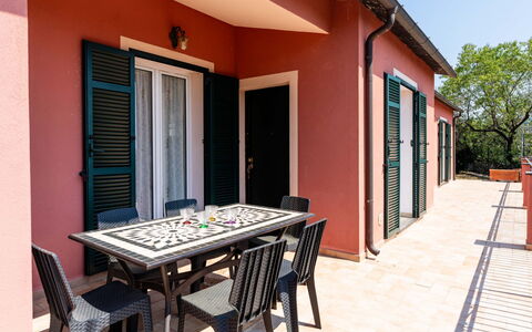 Orto di Silvia: Flooring, Floor, Furniture, Chair, Outdoor Table, Outdoor Furniture, Kitchen & Dining Room Table, Shade, Balcony, Wood Stain