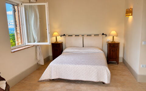 Il Casale al Colle: Bed, Furniture, Bedroom, Bedding, Bed Sheet, Wall, Interior Design, Floor, Flooring, Wood