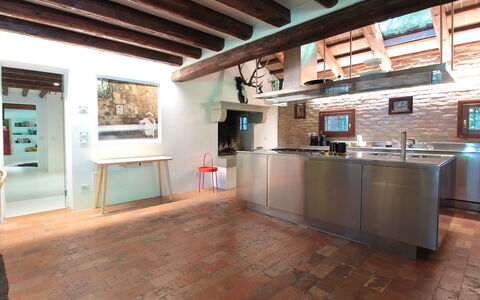 Villa Dorina: Kitchen, Interior Design, Countertop, Flooring, Furniture, Wood, Ceiling, Floor, Home, Light Fixture