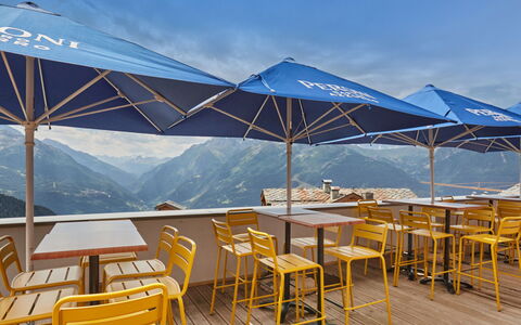 La Rosière 621: Mountain Range, Restaurant, Umbrella, Chair, Ridge, Alps, Outdoor Furniture, Outdoor Table, Eco Hotel