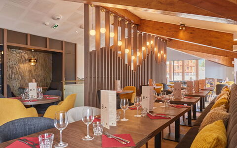 La Rosière 621: Interior Design, Ceiling, Furniture, Restaurant, Chair, Wood Stain, Light Fixture, Kitchen & Dining Room Table, Hotel, Varnish