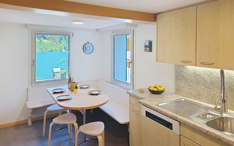 Ferienwohnung Enzian: Interior Design, Flooring, Countertop, Wood, Furniture, Ceiling, Floor, Sink, Kitchen, Room