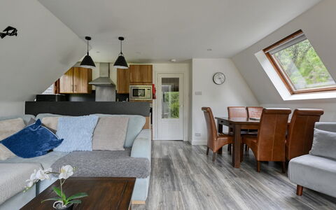 Loch Oich View (Lodge 6): Wood, Furniture, Flooring, Interior Design, Home, Ceiling, Floor, Room, Couch, Living Room
