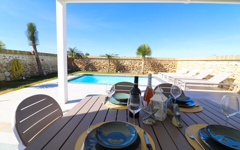 Villa Ginevra Luxury Otranto: Blue, Swimming Pool, Outdoor Furniture, Resort, Furniture, Composite Material, Shade, Chair, Leisure, Eco Hotel