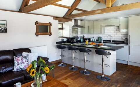 The Old Piggery at Rusty Lane Farm: Furniture, Interior Design, Flooring, Wood, Ceiling, Floor, Kitchen, Chair, Room, Countertop
