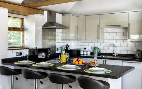 The Old Piggery at Rusty Lane Farm: Furniture, Kitchen, Countertop, Interior Design, Kitchen Appliance, Flooring, Major Appliance, Cabinetry, Chair, Light Fixture