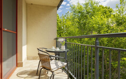 Patti: Furniture, Chair, Wood Stain, Balcony, Outdoor Furniture, Hardwood, Handrail, Kitchen & Dining Room Table, Houseplant, Eco Hotel
