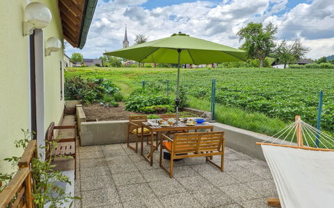 Haus Valentin: Furniture, Table, Outdoor Furniture, Chair, Outdoor Table, Kitchen & Dining Room Table, Garden, Shade, Backyard