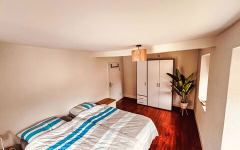 Eifelhuis im Salmtal: Furniture, Interior Design, Bed, Floor, Flooring, Wall, Bedroom, Room, Wood, Ceiling