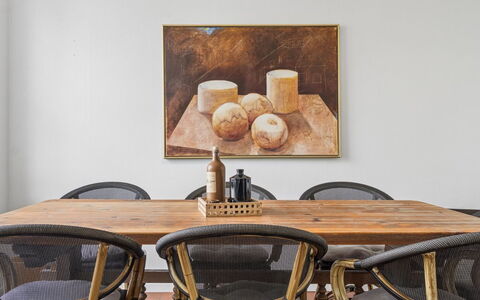 Görel - 250M from the Sea: Furniture, Wood, Table, Interior Design, Dining Room, Kitchen & Dining Room Table, Chair, Picture Frame, Room, Natural Material