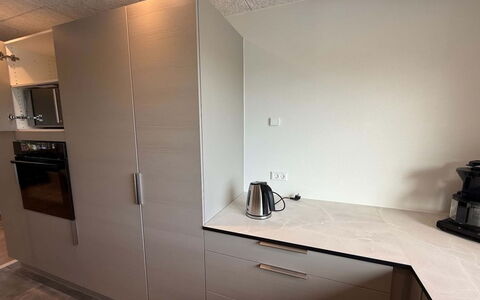 Alette - 400M from the Sea: Flooring, Interior Design, Kitchen, Cabinetry, Countertop, Floor, Kitchen Appliance, Major Appliance, Ceiling, Furniture