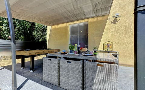 Villa des Amoureux: Furniture, Outdoor Furniture, Shade, Chair, Floor, Outdoor Table, Awning, Outdoor Structure, Kitchen & Dining Room Table, Patio