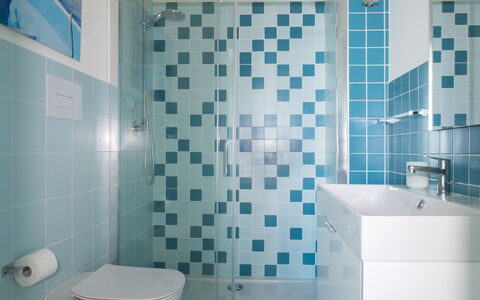 A Casa di Gio: Blue, Bathroom, Plumbing Fixture, Flooring, Interior Design, Floor, Plumbing, Tile, Bathroom Sink, Composite Material