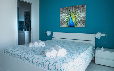 A Casa di Gio: Furniture, Blue, Interior Design, Bed, Bedroom, Wall, Floor, Flooring, Bedding, Bed Sheet