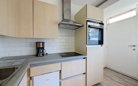 Hyacint with Parking: Kitchen, Kitchen Appliance, Countertop, Major Appliance, Cabinetry, Flooring, Interior Design, Wood, Floor, Furniture