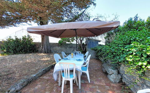 Villa la Coquille: Furniture, Outdoor Furniture, Table, Umbrella, Chair, Outdoor Table, Shade, Kitchen & Dining Room Table, Garden, Backyard