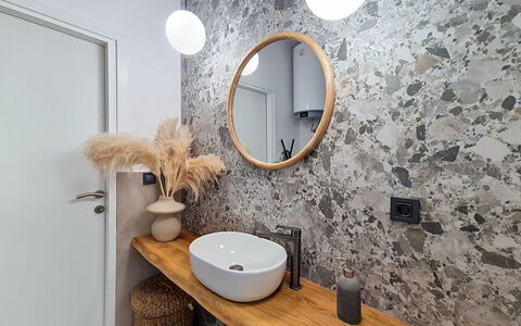 Marina: Plumbing Fixture, Interior Design, Mirror, Flooring, Bathroom, Plumbing, Tap, Sink, Bathroom Sink, Light Fixture