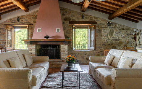 Villa Daluma, Private Pool in Todi: Furniture, Interior Design, Flooring, Wall, Couch, Wood, Floor, Room, Living Room, Ceiling