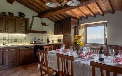 Villa Daluma, Private Pool in Todi: Furniture, Wood, Interior Design, Table, Kitchen & Dining Room Table, Dining Room, Chair, Flooring, Room, Home