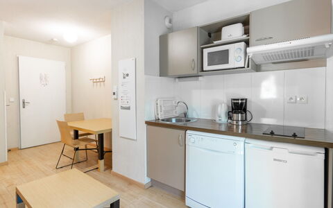 Les Chalets D'Ax: Furniture, Interior Design, Flooring, Floor, Room, Sink, Desk, Kitchen, Countertop, Table