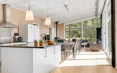 Nakke - 900M from the Sea: Flooring, Interior Design, Furniture, Ceiling, Wood, Floor, Light Fixture, Kitchen & Dining Room Table, Chair, Kitchen