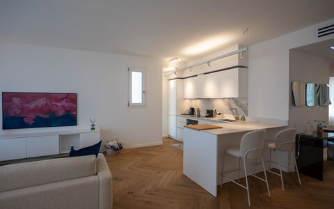 Terrazza Mare, Jacuzzi and Seaview: Furniture, Interior Design, Flooring, Floor, Wall, Kitchen, Wood, Ceiling, Countertop, Room