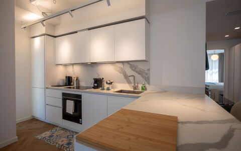 Terrazza Mare, Jacuzzi and Seaview: Kitchen, Countertop, Interior Design, Flooring, Kitchen Appliance, Furniture, Wood, Floor, Ceiling, Light Fixture