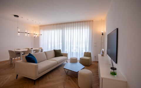 Terrazza Mare, Jacuzzi and Seaview: Furniture, Interior Design, Flooring, Couch, Floor, Living Room, Wood, Room, Ceiling, Apartment