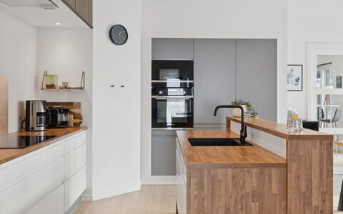 Hubertina - 900M from the Sea: Furniture, Kitchen, Countertop, Kitchen Appliance, Cabinetry, Flooring, Interior Design, Floor, Major Appliance, Wood