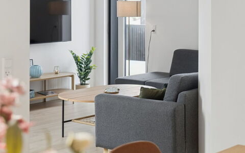 Hubertina - 900M from the Sea: Furniture, Interior Design, Flooring, Couch, Floor, Living Room, Wood, Table, Home, Lighting