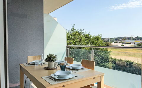 Sonnige Ferien: Furniture, Interior Design, Floor, Flooring, Chair, Kitchen & Dining Room Table, Apartment, Glass, Shade, Balcony