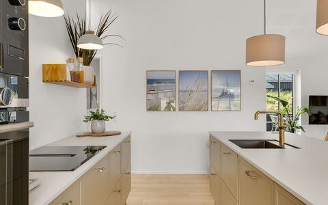 Thorlef - 500M from the Sea: Kitchen, Countertop, Flooring, Interior Design, Furniture, Wood, Cabinetry, Floor, Kitchen Appliance, Ceiling