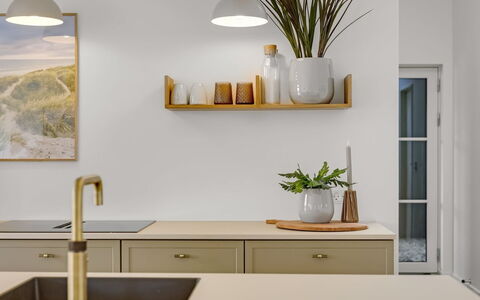 Thorlef - 500M from the Sea: Kitchen, Interior Design, Tableware, Countertop, Furniture, Light Fixture, Lighting, Flowerpot, Cabinetry, Houseplant