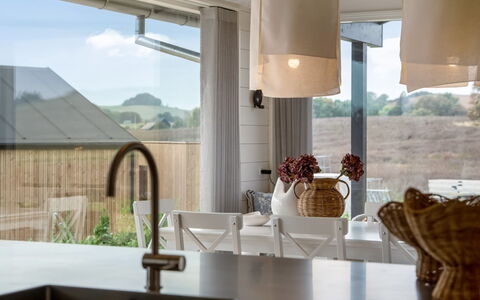 Pia - 350M from the Sea: Interior Design, Light Fixture, Ceiling, Countertop, Kitchen, Chandelier, Chair, Natural Material, Kitchen & Dining Room Table, Houseplant