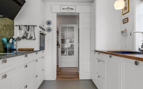 Annagrete - 300M from the Sea: Kitchen, Cabinetry, Countertop, Kitchen Appliance, Flooring, Interior Design, Major Appliance, Wood, Furniture, Floor