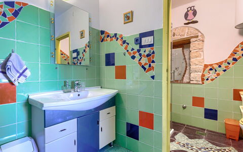 Nina: Blue, Flooring, Interior Design, Floor, Ceiling, Plumbing Fixture, Tile, Room, Bathroom, Plumbing