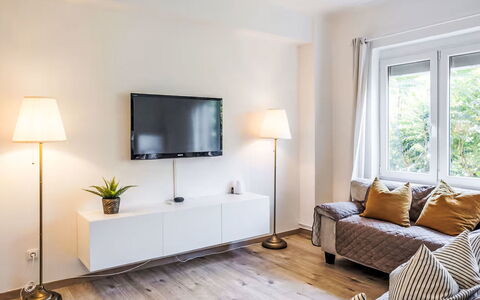 Prague Castle Oasis: Furniture, Interior Design, Television, Flooring, Wood, Couch, Living Room, Television Set, Electronic Device, Room