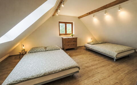 Horní Líšnice: Interior Design, Flooring, Bed, Floor, Bedroom, Wood, Ceiling, Furniture, Wood Flooring, Room