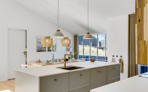 Karoliina - 500M from the Sea: Kitchen, Interior Design, Countertop, Light Fixture, Furniture, Ceiling, Flooring, Cabinetry, Kitchen Appliance, Lighting