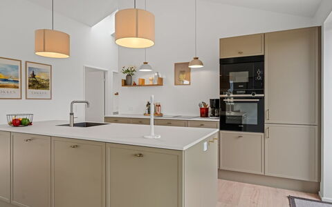 Karoliina - 500M from the Sea: Kitchen, Countertop, Interior Design, Cabinetry, Flooring, Kitchen Appliance, Wood, Ceiling, Furniture, Light Fixture