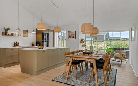 Karoliina - 500M from the Sea: Furniture, Kitchen, Flooring, Interior Design, Wood, Kitchen & Dining Room Table, Ceiling, Countertop, Floor, Dining Room