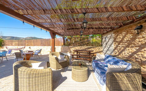 La Buena Vida: Wood, Furniture, Chair, Outdoor Furniture, Shade, Wood Stain, Outdoor Table, Outdoor Structure, Balcony, Deck