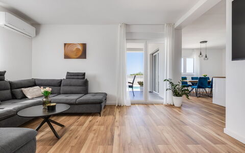 Vila Nik: Furniture, Interior Design, Apartment, Floor, Flooring, Table, Chair, Living Room, Room, Home