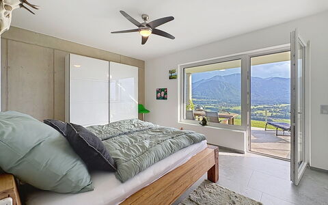Karawanken Panorama: Interior Design, Furniture, Bedroom, Ceiling, Flooring, Bed, Wood, Floor, Room, Lighting