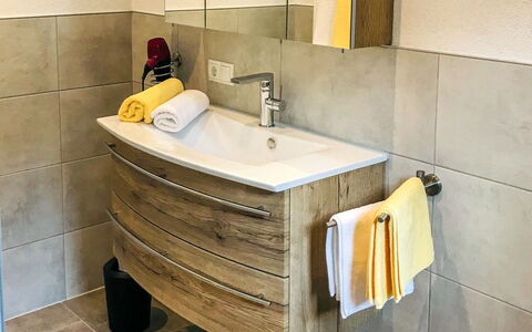 Apartment Bergkristall: Flooring, Floor, Plumbing Fixture, Bathroom Cabinet, Bathroom, Plumbing, Sink, Bathroom Sink, Tap, Hardwood