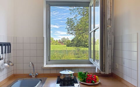 Bergzeit: Glass, Wood Stain, Sash Window, Daylighting, Countertop, Hardwood, Serveware, Houseplant, Plumbing Fixture, Kitchen